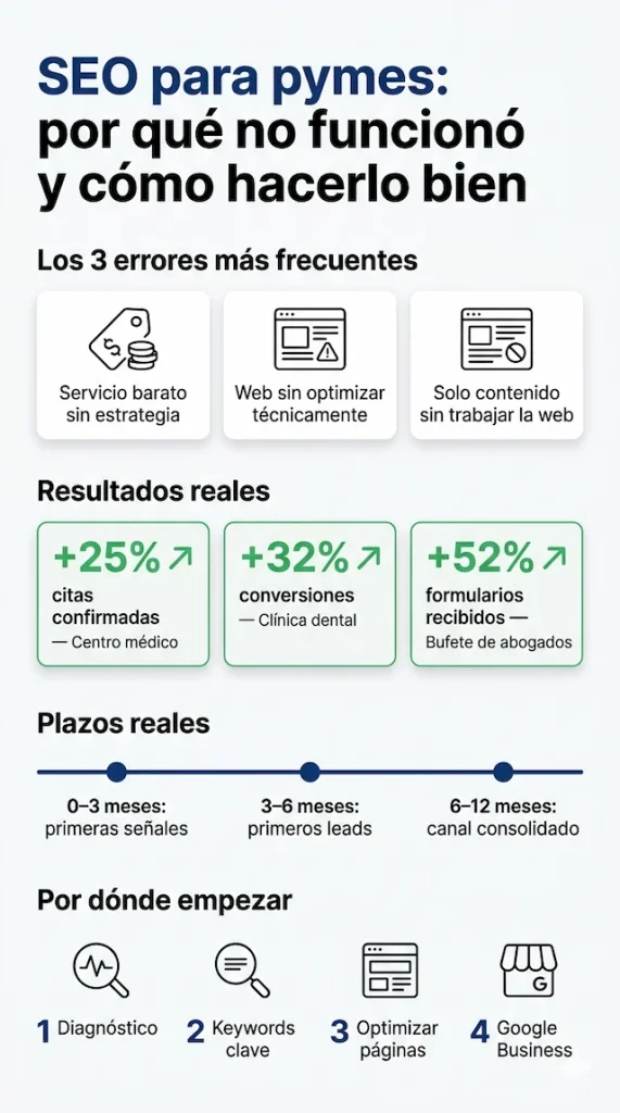 Infografía de porqué el SEO contratado para tu pyme no funcionó y cómo hacerlo bien.